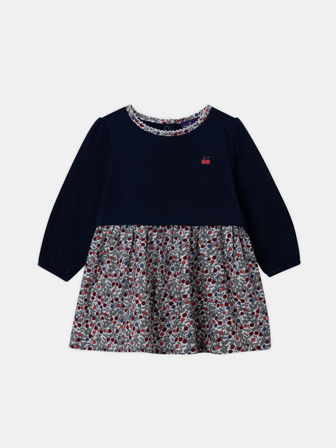 Navy Cotton Fleece Dress With Floral Printed Skirt