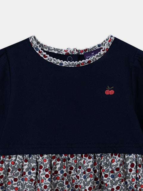 Navy Cotton Fleece Dress With Floral Printed Skirt
