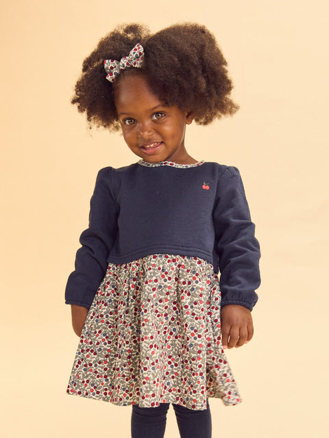 Navy Cotton Fleece Dress With Floral Printed Skirt