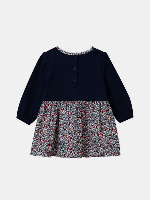 Navy Cotton Fleece Dress With Floral Printed Skirt