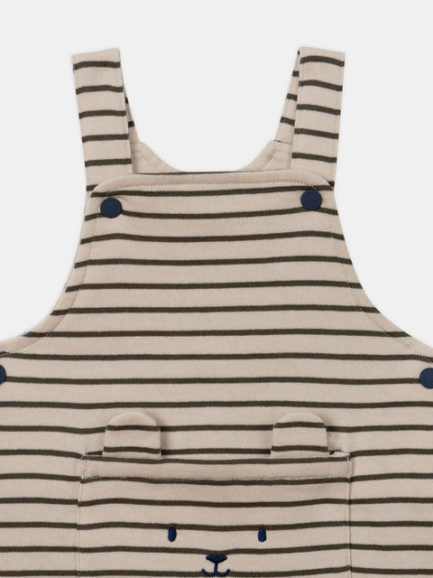 Cream & Khaki Green Stripe Cotton Fleece Dungarees