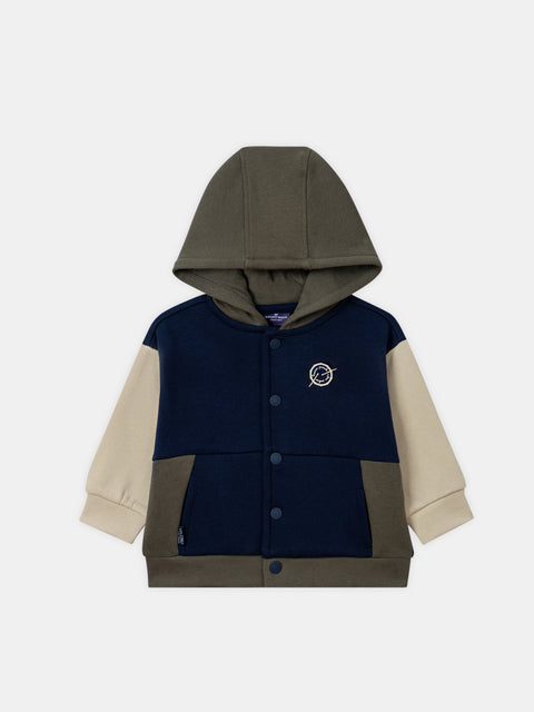 Navy Colour Block Cotton Fleece Hoodie