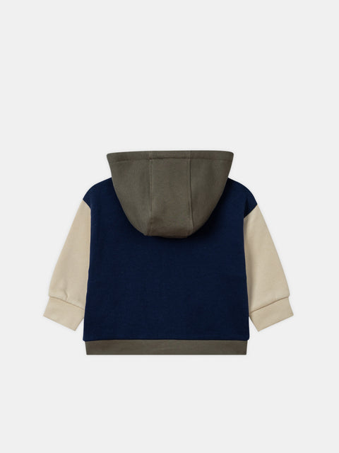 Navy Colour Block Cotton Fleece Hoodie