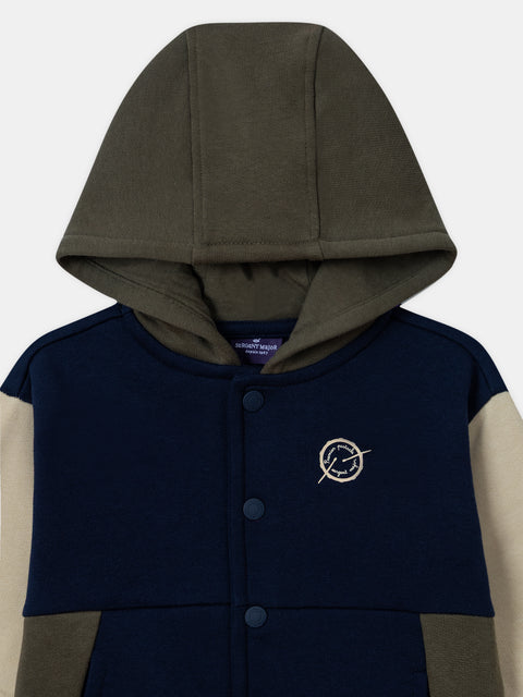 Navy Colour Block Cotton Fleece Hoodie