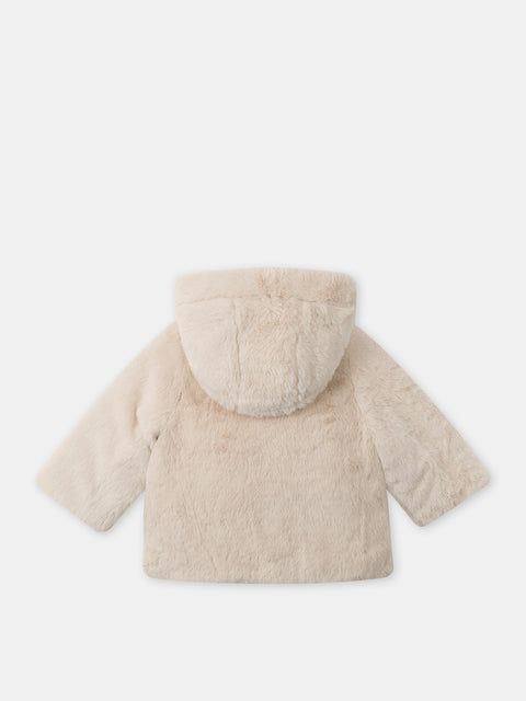 Reversible Beige Faux Fur Hooded Coat