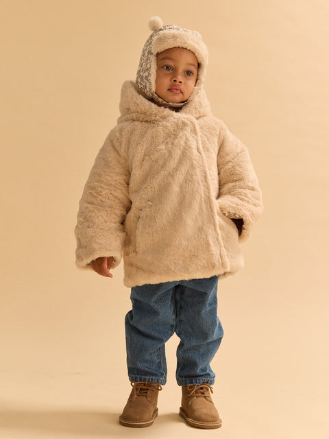 Reversible Beige Faux Fur Hooded Coat