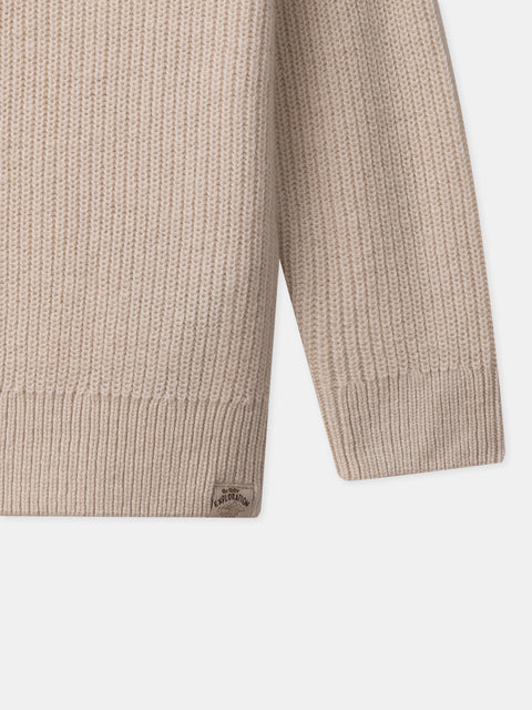 Beige Ribbed Wool Mix Half Zip Jumper