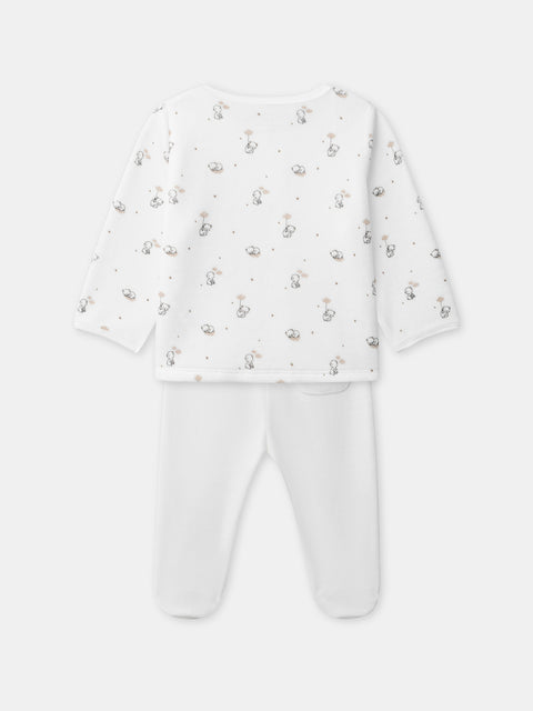 Off White Velour Teddy Bear Print Cardigan With Matching Bottoms