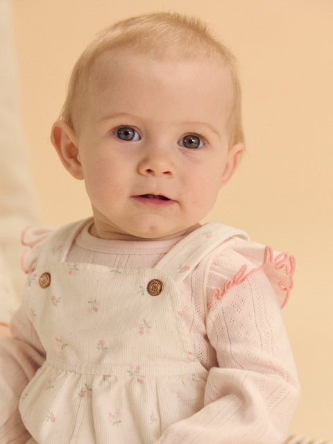 Cream Rabbit Print Cotton Dungarees With Pink Bodysuit & Socks