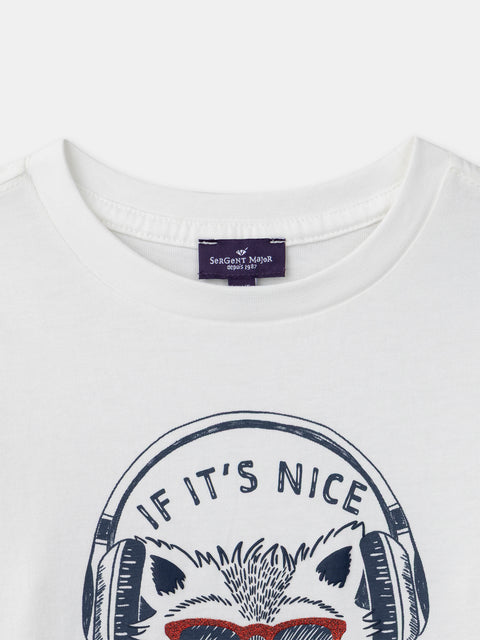 White Cat Print Cotton T-shirt