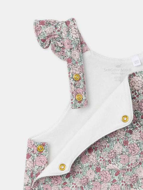 Newborn Floral Print Cotton Dungarees With Pink Cotton Bodysuit