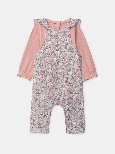 Newborn Floral Print Cotton Dungarees With Pink Cotton Bodysuit
