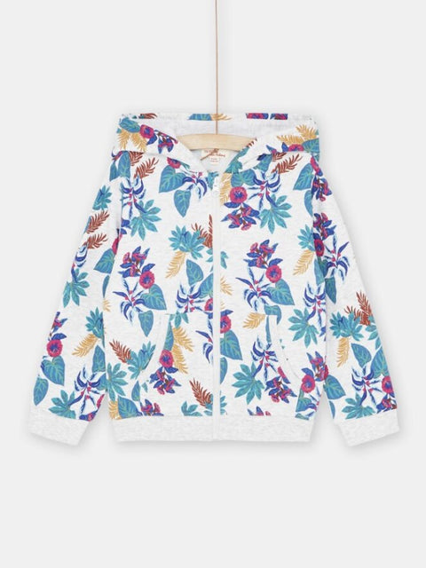 Grey Floral Print Cotton Fleece Zip Front Sweatshirt