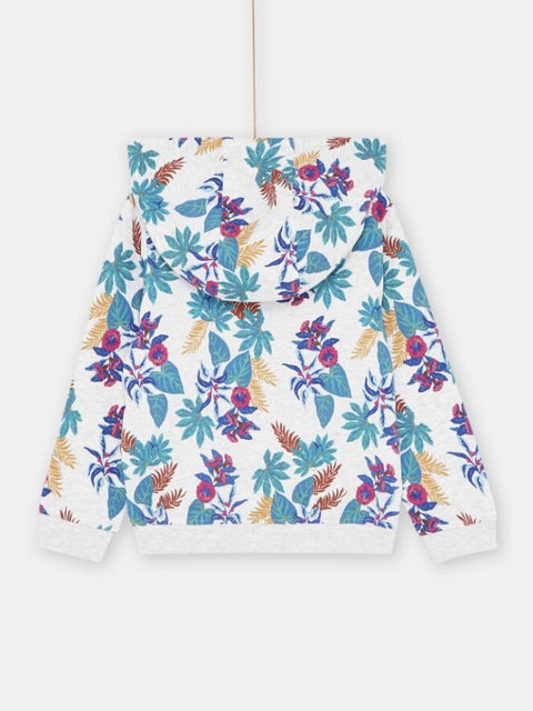 Grey Floral Print Cotton Fleece Zip Front Sweatshirt