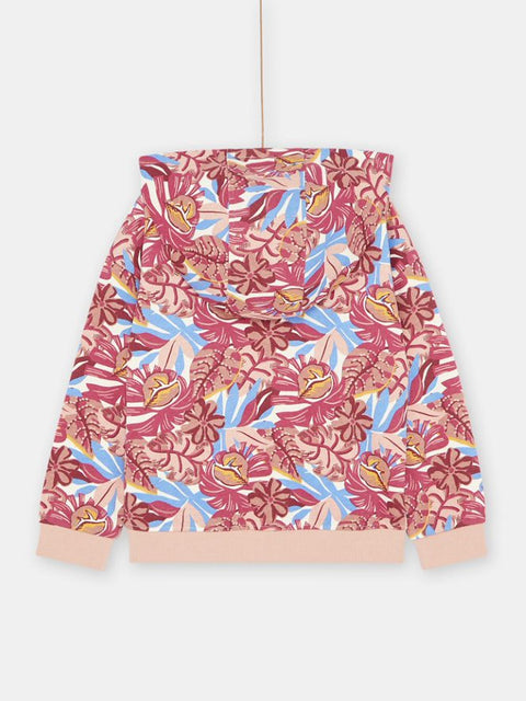 Pink Floral Print Fleece Cotton Hooded Sweatshirt