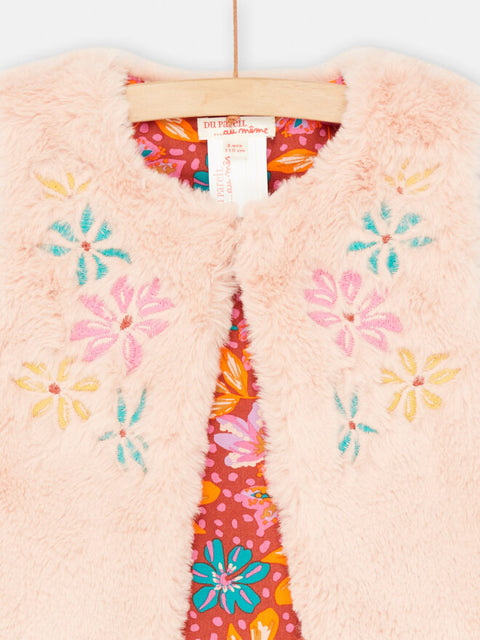 Pink Faux Fur Gilet With Floral Embroidery