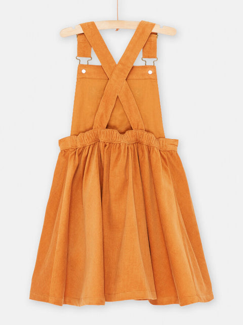 Yellow Corduroy Dungaree Dress With Floral Embroidery