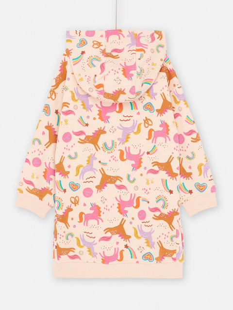 Pink Unicorn Print Cotton Fleece Hoodie Dress