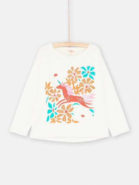 Cream Cotton T-shirt With Floral Box Print