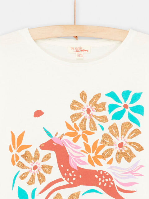 Cream Cotton T-shirt With Floral Box Print