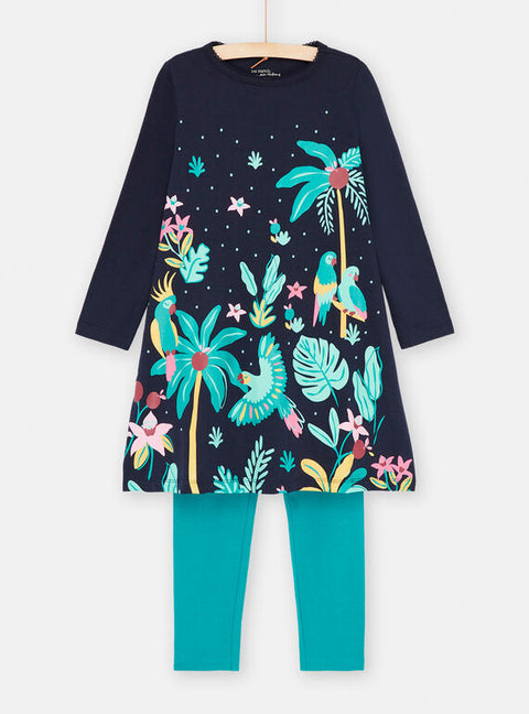 Navy & Turquoise Jungle Print Cotton Nightdress/Pyjama Combi