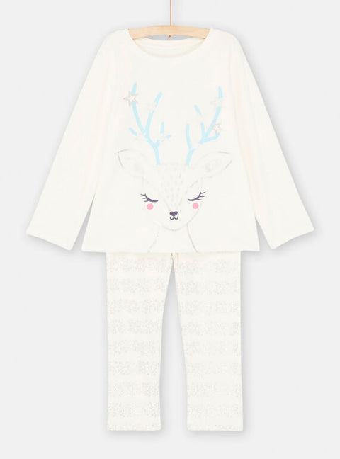 White Reindeer Print Velour Pyjamas