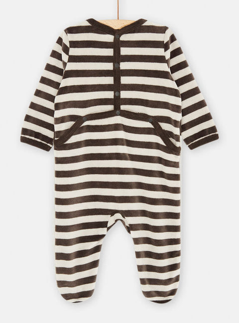Grey & Black Striped Racoon Print Velour Sleepsuit