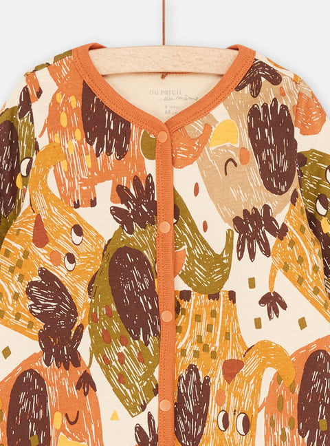 Brown Elephant Print Jersey Cotton Sleepsuit