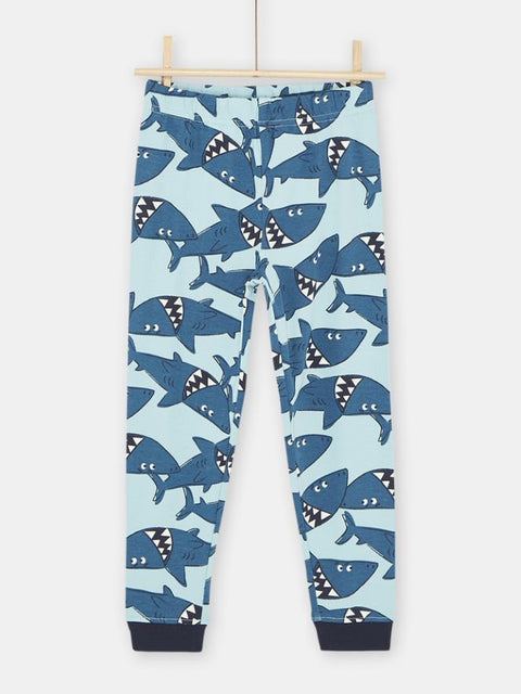 Blue Glow In The Dark Shark Print Cotton Pyjamas