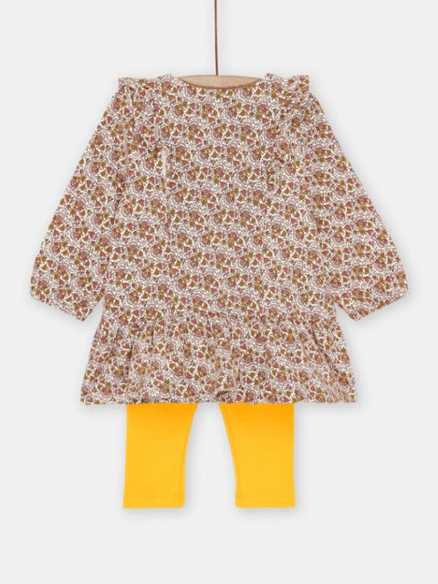 Beige Floral Print Cotton Fleece Dress with Yellow Leggings