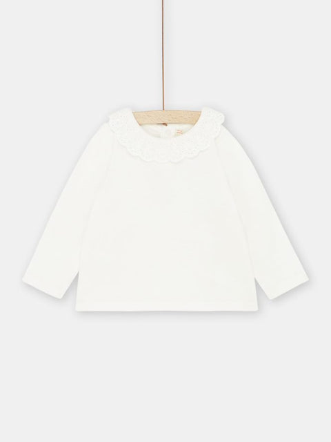 White Long Sleeve Cotton T-shirt with Ruffle Collar