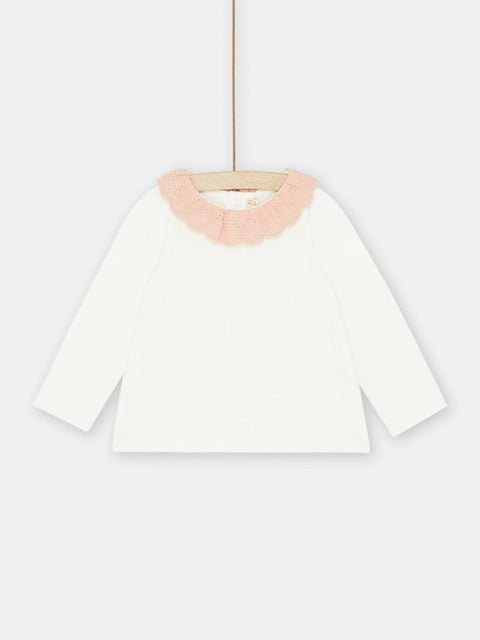 White Long Sleeve Cotton T-shirt with Pink Ruffle Collar