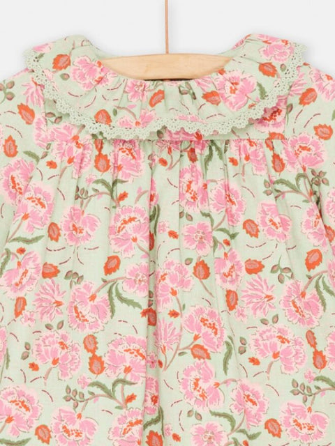 Green Floral Print Lined Cotton Twill Dress with Collar