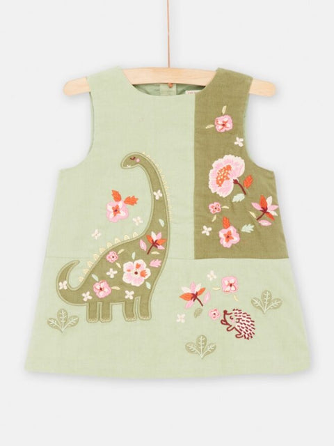 Green Corduroy Lined Dress with Floral Embroidery
