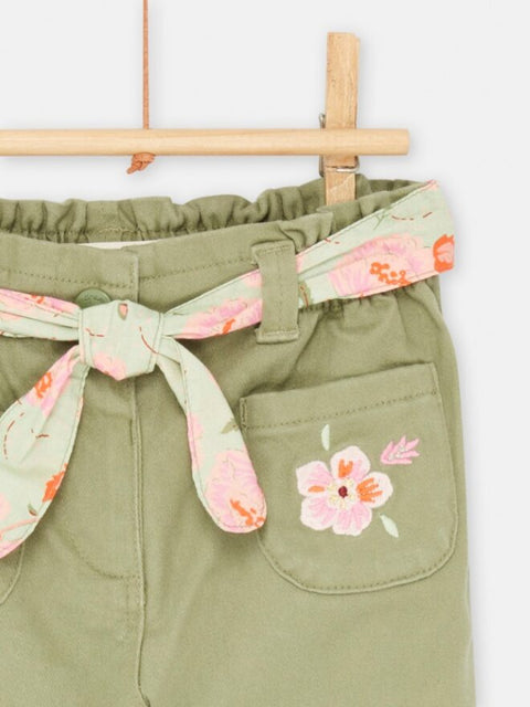 Khaki Green Satin Cotton Trousers with Floral Belt