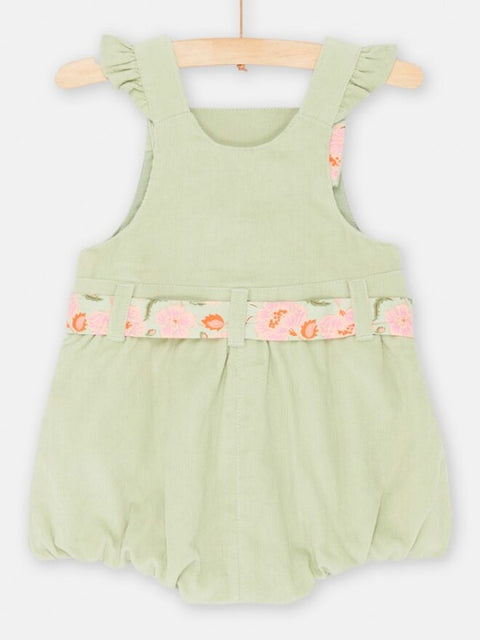 Green Lined Short Corduroy Dungarees with Floral Fabric Belt
