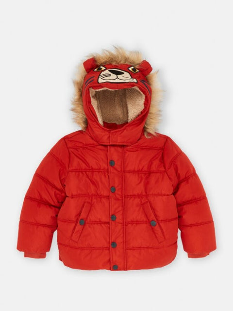 Orange Hooded Puffer Jacket with Tiger Applique
