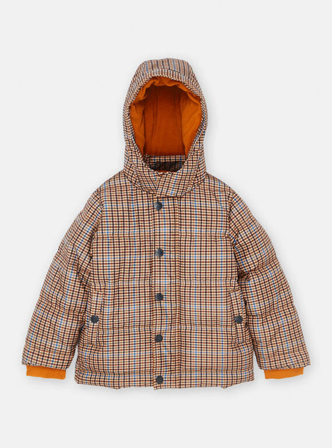 Brown Check Print Hooded Micropolar Lined Puffer Jacket