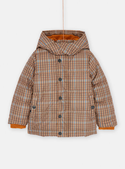 Brown Check Print Hooded Micropolar Lined Puffer Jacket