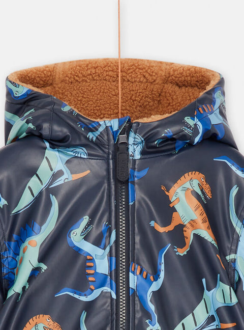 Navy Dinosaur Print Reversible Hooded Raincoat