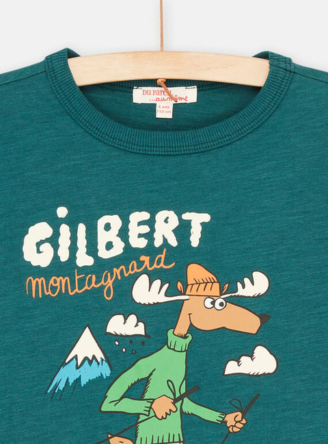 Turquoise Cotton T-shirt With Cartoon Moose
