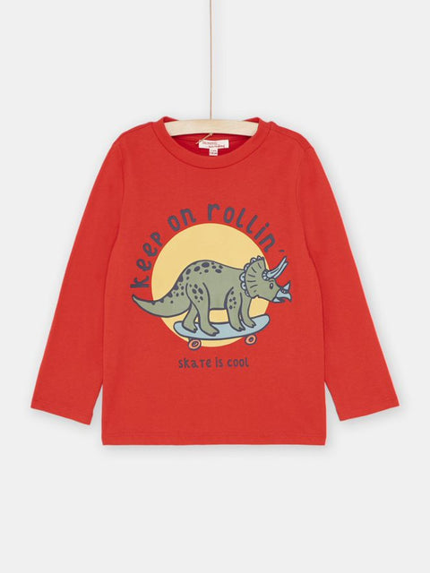 Red Dinosaur Print Long Sleeve Cotton T-shirt