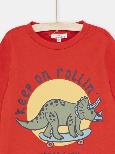 Red Dinosaur Print Long Sleeve Cotton T-shirt