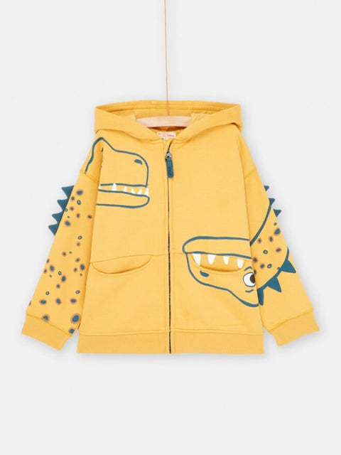 Yellow Dinosaur Print Cotton Fleece Zip Front Hoodie