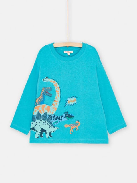 Turquoise Dinosaur Print Sequin Cotton T-shirt