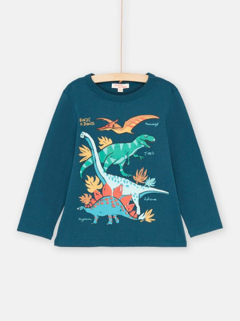 Turquoise Dinosaur Print Cotton T-shirt