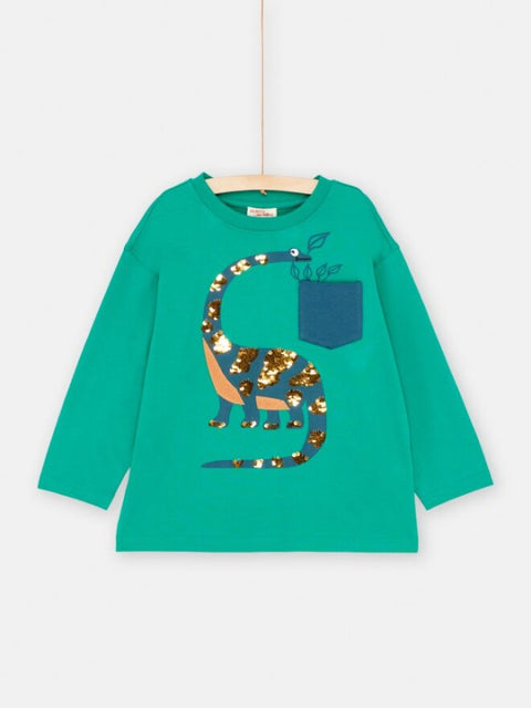 Green Dinosaur Print Sequin Cotton T-shirt