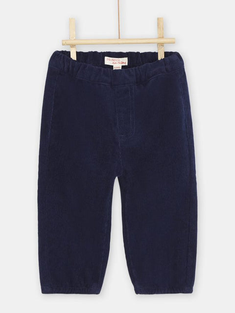 Navy Corduroy Trousers with Elasticated Waist & Cuffs