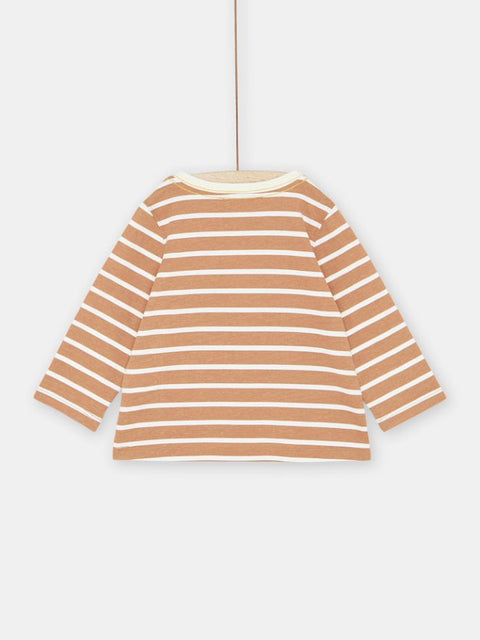 Beige & Cream Stripe Long Sleeve Cotton T-shirt