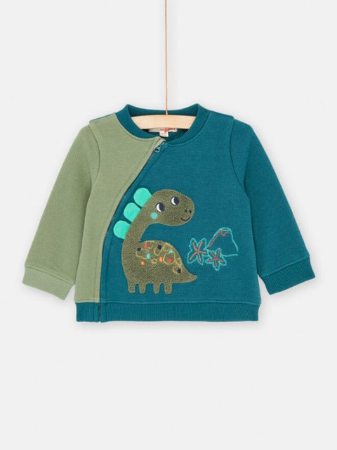 Green Cotton Rich Pique Zipped Sweatshirt with Dinosaur Applique